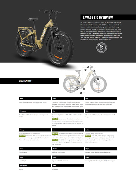 RAMBO Savage 2.0 - 750-1000W Step Thru Hunting Electric Bike